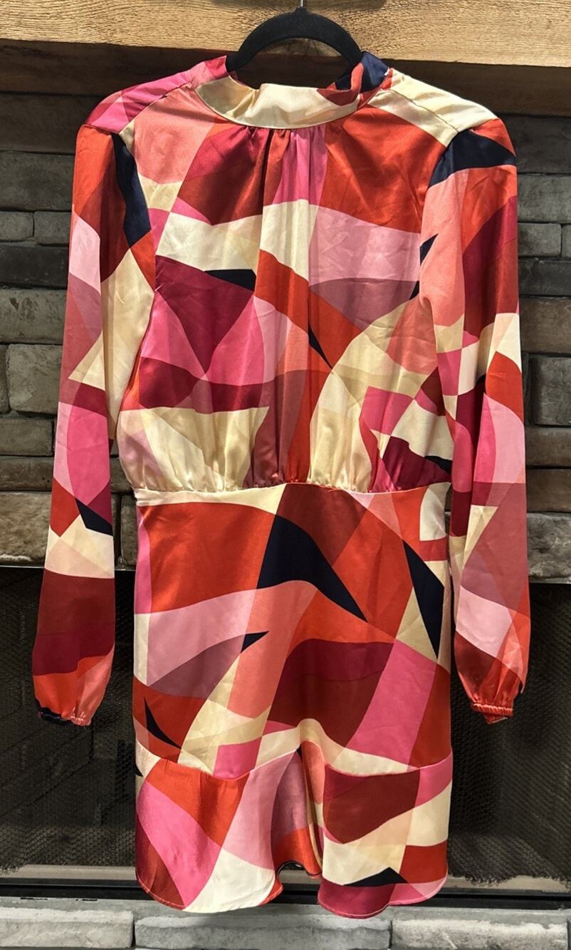 FATE Geometric Satin Neck Tie Long Sleeve Dress Size M NWT * C8